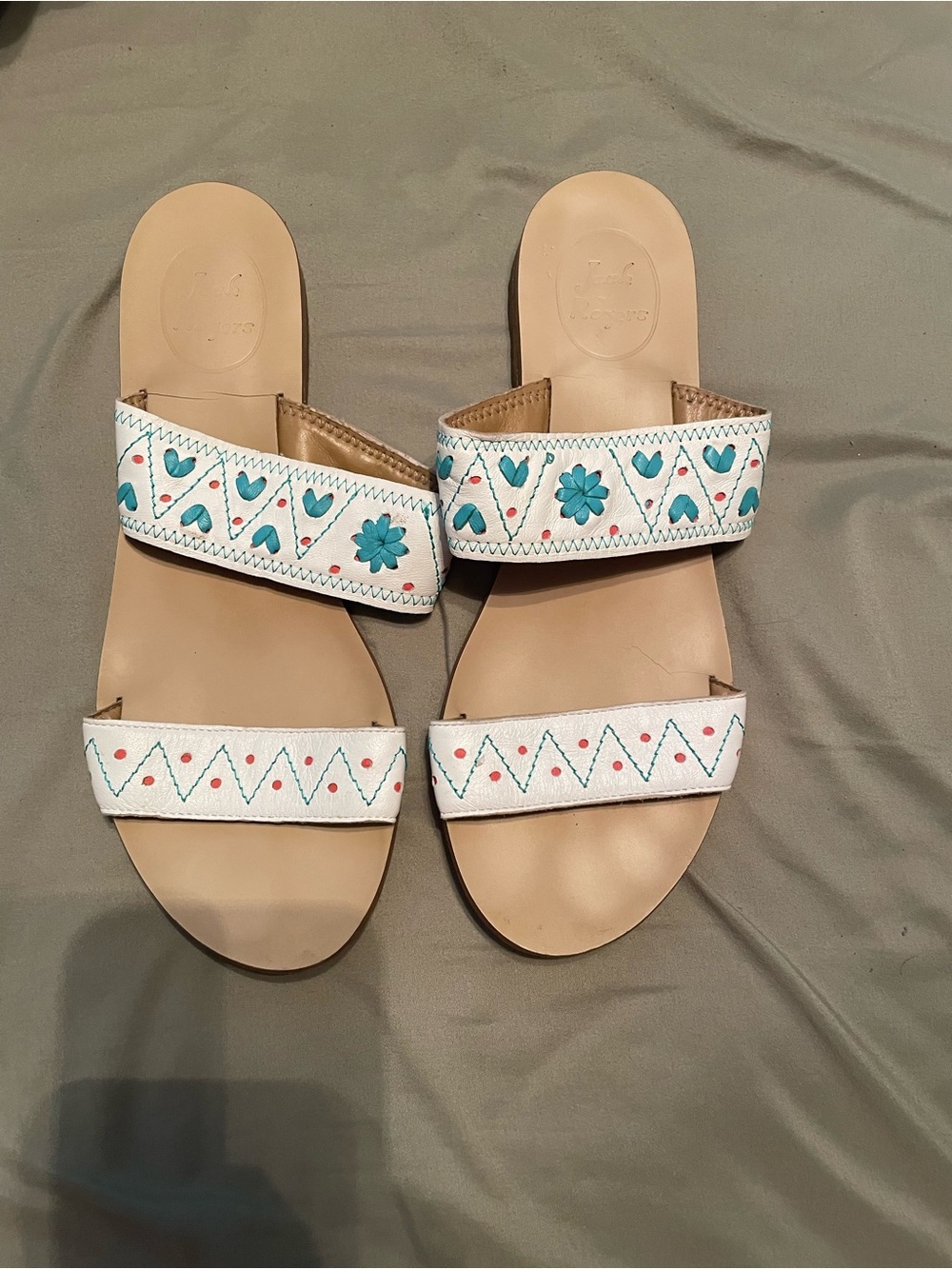 Jack Rogers White Slide Sandals with Teal and Coral Embroidery